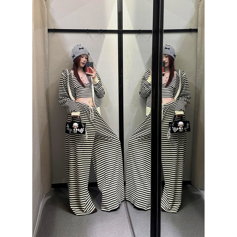 Korean Style Pure Desire Striped Camisole Pajamas for Women, Early Autumn New Cardigan, Lounge Pants, Home Wear Three-Piece Set That Can Be Worn Outside