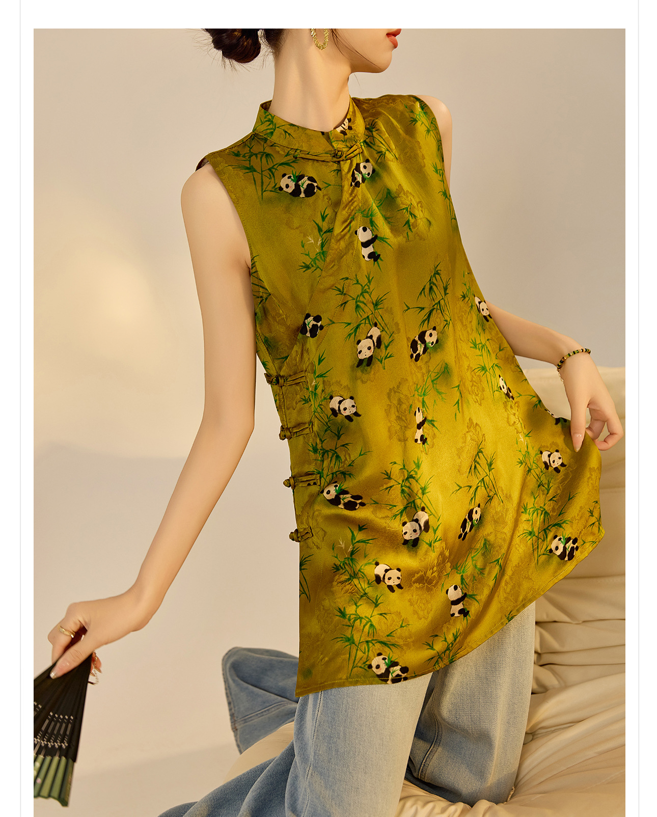Áo vest cổ tre họa tiết gấu trúc phong cách Trung Hoa mới dành cho nữ — Màu vàng chi tiết 2