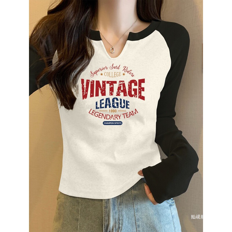 American-Style Printed V-Neck Pure Cotton T-Shirt for Women, New Slim-Fit Long-Sleeve Base Layer Top for Spring and Autumn American-Style Printed V-Neck Pure Cotton T-Shirt for Women, New Slim-Fit Long-Sleeve Base Layer Top for Spring and Autumn
