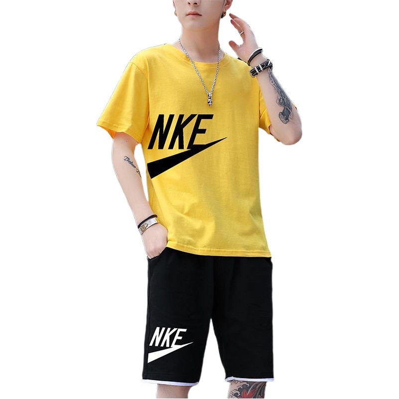 Camiseta de manga corta para hombre, conjunto deportivo de verano 2025, elegante, informal, de seda helada, a la moda, para exportación