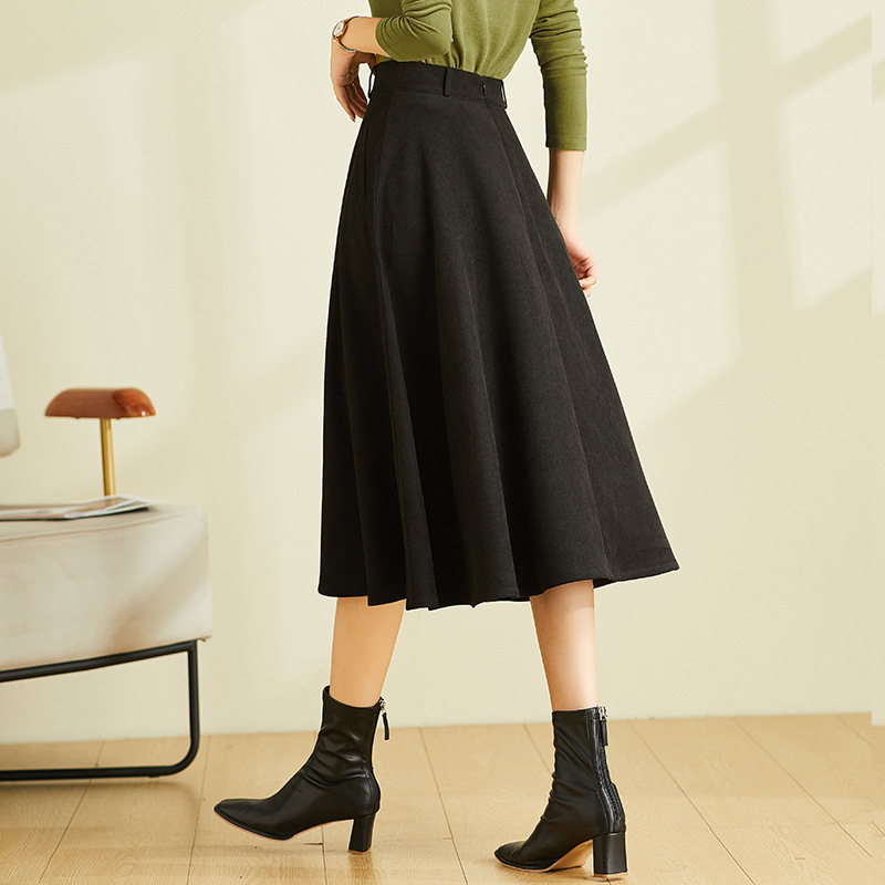 Váy midi chữ A cạp cao đen vintage, dáng suông che hông — Màu đen