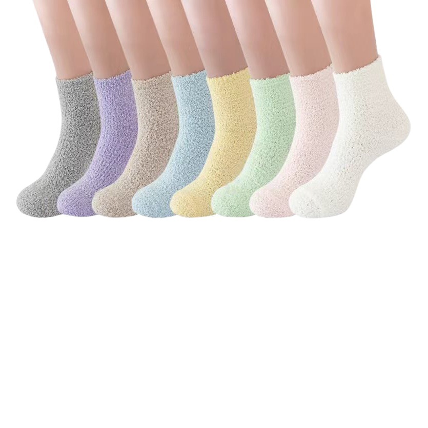 Amazon Women Slippers Socks Fluffy Plush Home Sleeping Socks Coral Fleece Socks Candy Color Mid-tube Socks Cross Border