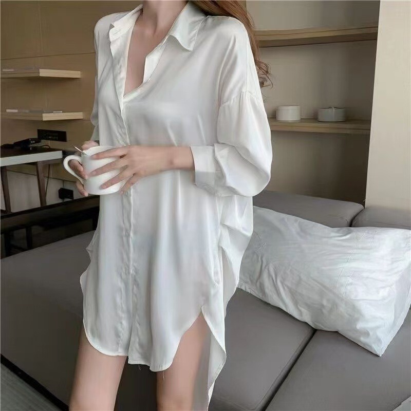 Boyfriend Style Shirt Sexy Pajamas for Women Summer V-Neck Nightgown Pure Style Ice Silk Satin New Nightgown Temptation Boyfriend Style Shirt Sexy Pajamas for Women Summer V-Neck Nightgown Pure Style Ice Silk Satin New Nightgown Temptation