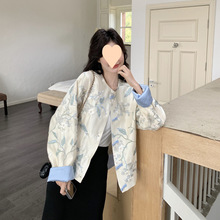 风新中式春季新款印花盘扣圆领长袖外套宽松休闲气质复古上衣