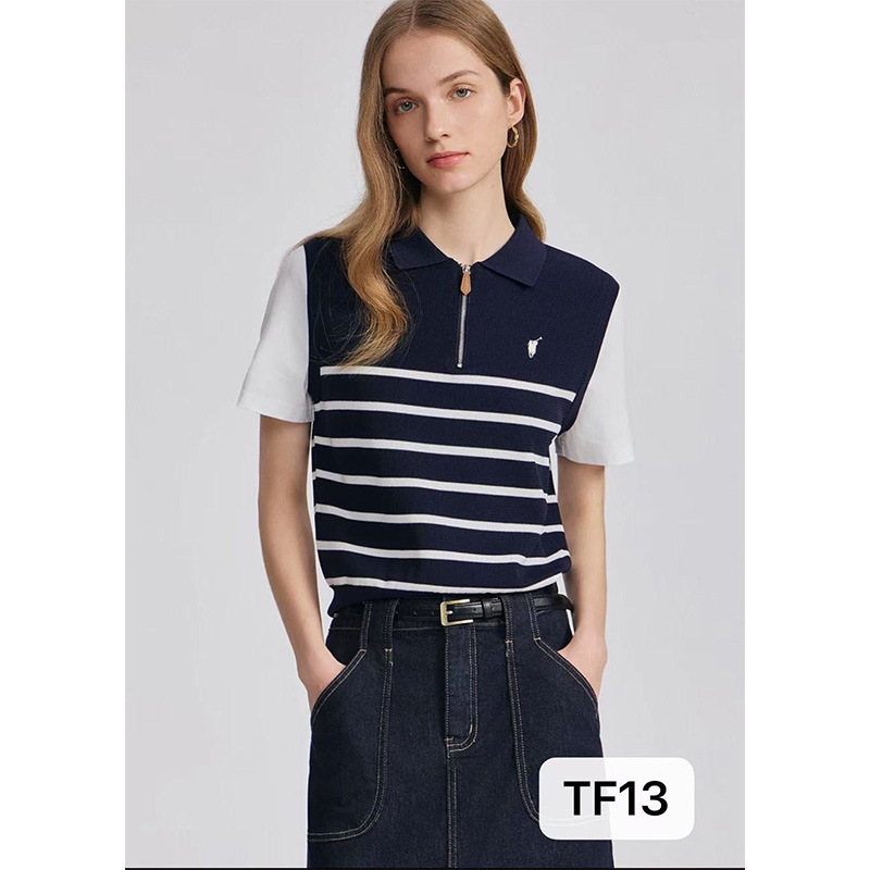 Zipper Polo Collar Short-Sleeved Knitwear Stripesd Design Splicing Fake Two-Piece Contrasting Color Women's High-End Woolen Knitwear Factory