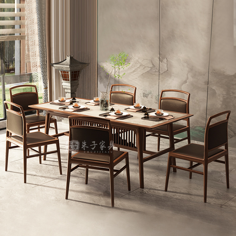New Chinese-Style Solid Wood Dining Table with Slate Tabletop, Home Use Black Walnut Wood, Manufacturer Zhongshan Furniture Chair Set