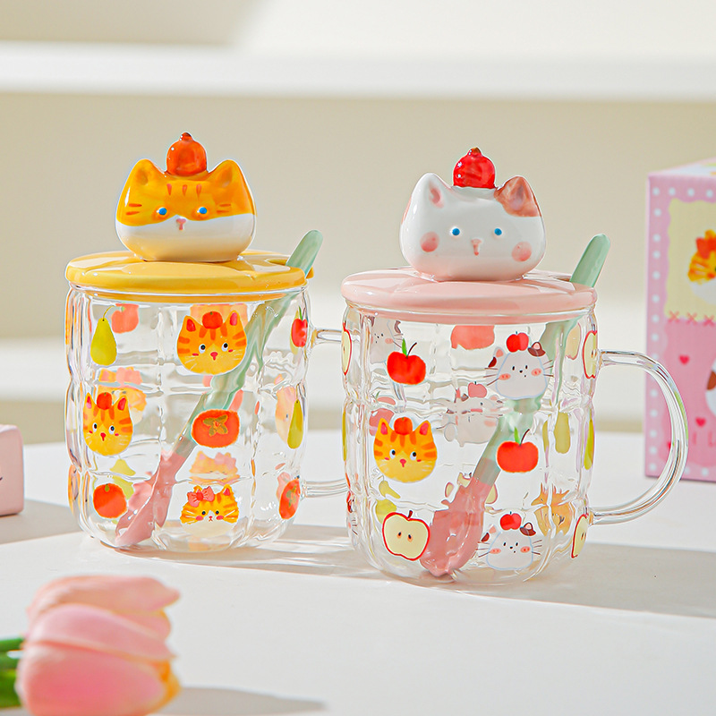 Gato estereoscópico pintado a mano alta resistencia al calor de vidrio de silicio de alta calidad de oficina con cubierta de cuchara de agua taza de dibujos animados taza de marca