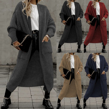 2023新款亚马逊跨境外贸长款开衫口袋大码针织欧美宽松毛衣外套女