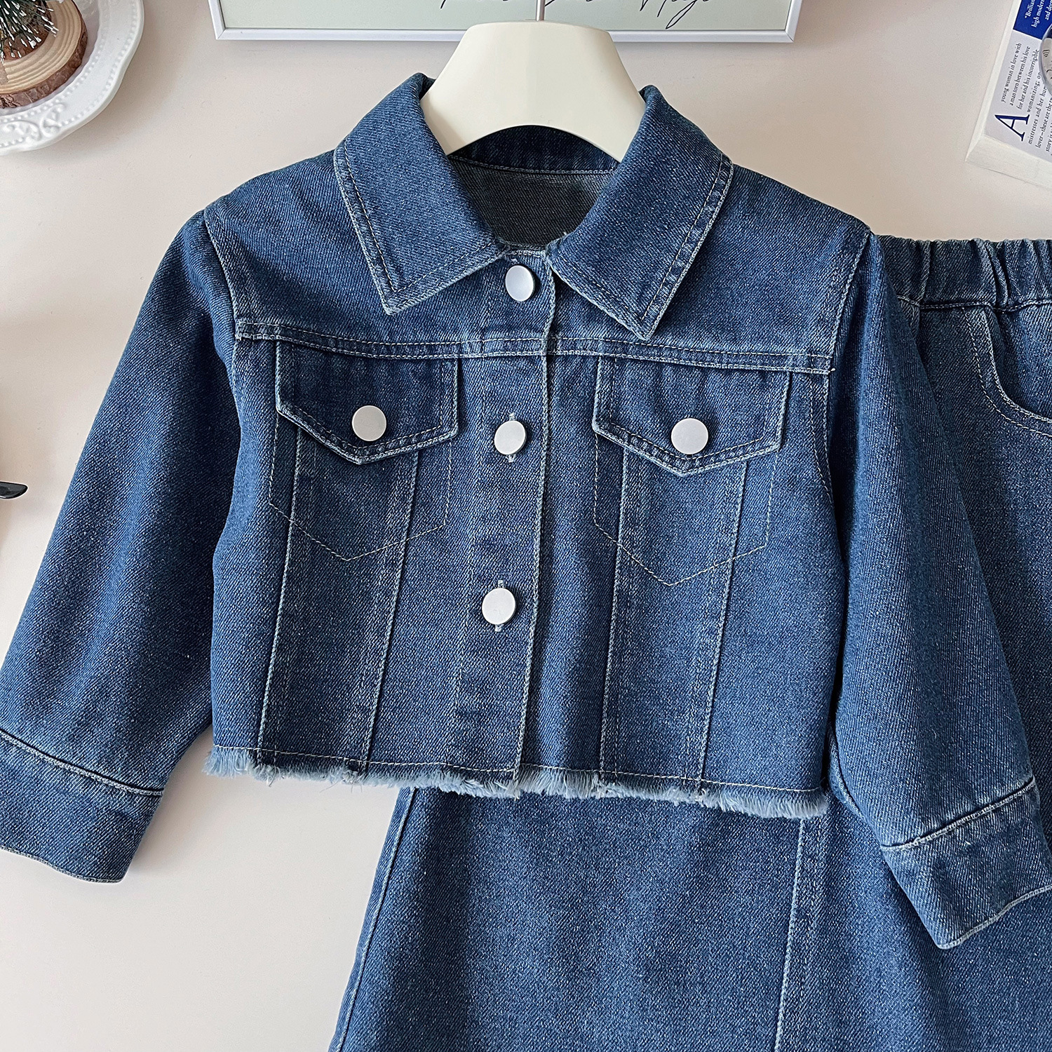 2024 Herbst neue koreanische Version Mädchen Einreiher Top langen Rock Baby Casual Denim Set 67385_voghion.com