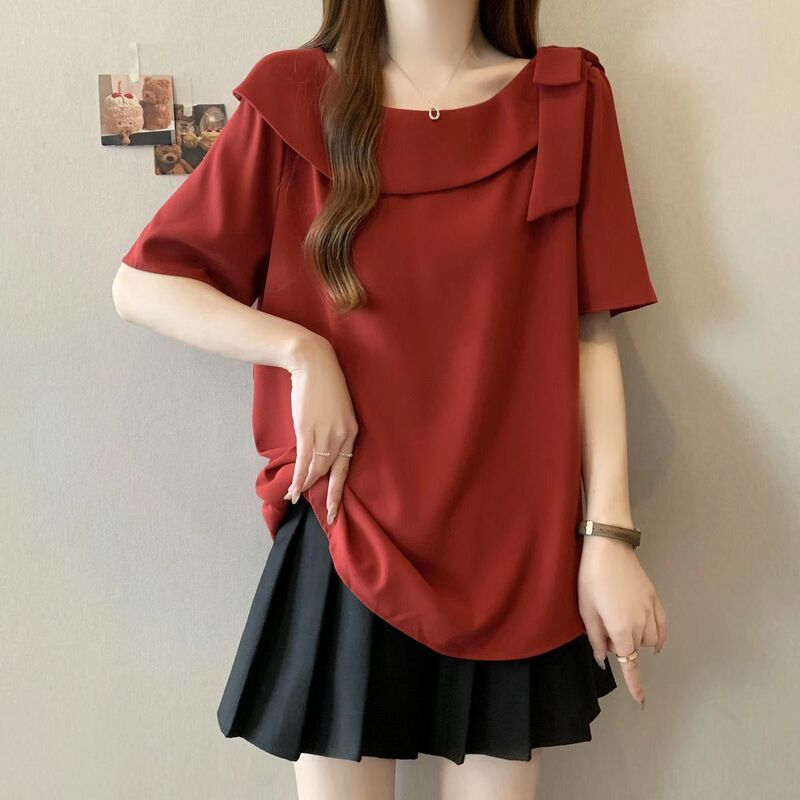 Plus Size Design Bow Short-Sleeved Shirt for Women Summer New Fat mm Loose and Slimming Look Baby Doll Top Plus Size Design Bow Short-Sleeved Shirt for Women Summer New Fat mm Loose and Slimming Look Baby Doll Top