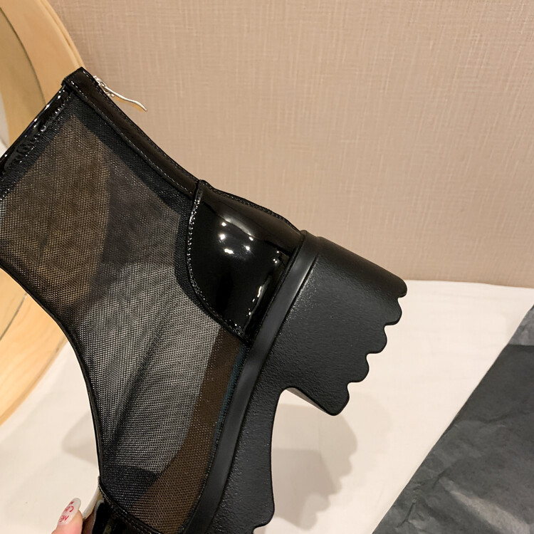 Boot ngắn nữ da thật vải lưới cao gót 6cm mùa hè phong cách Anh thoáng khí — Màu đen, Trắng be chi tiết 141
