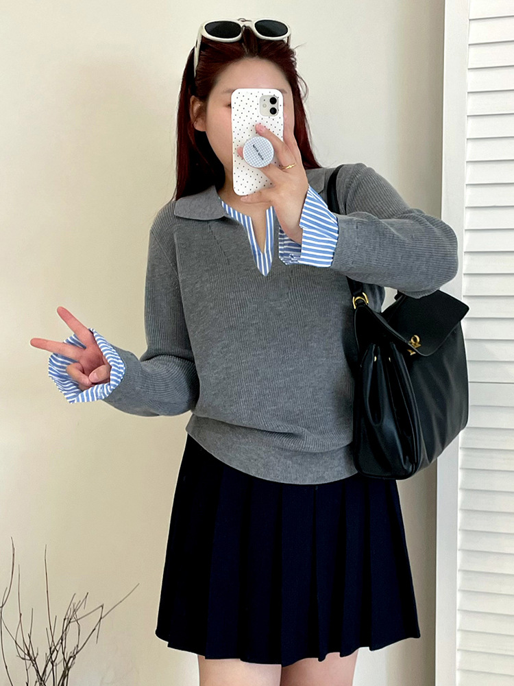 Plus-size women's POLO shirt with a patchwork style, a college-style top for women in the autumn of 2025, a casual knitted sweater for chubby girls 23216