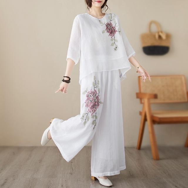 Spring and Autumn Large Size Loose-Fitting Stylish Age-Reducing Mother's Clothing Cotton and Linen Artistic Retro Embroidered Fashionable Mid-Sleeve Sports Suit