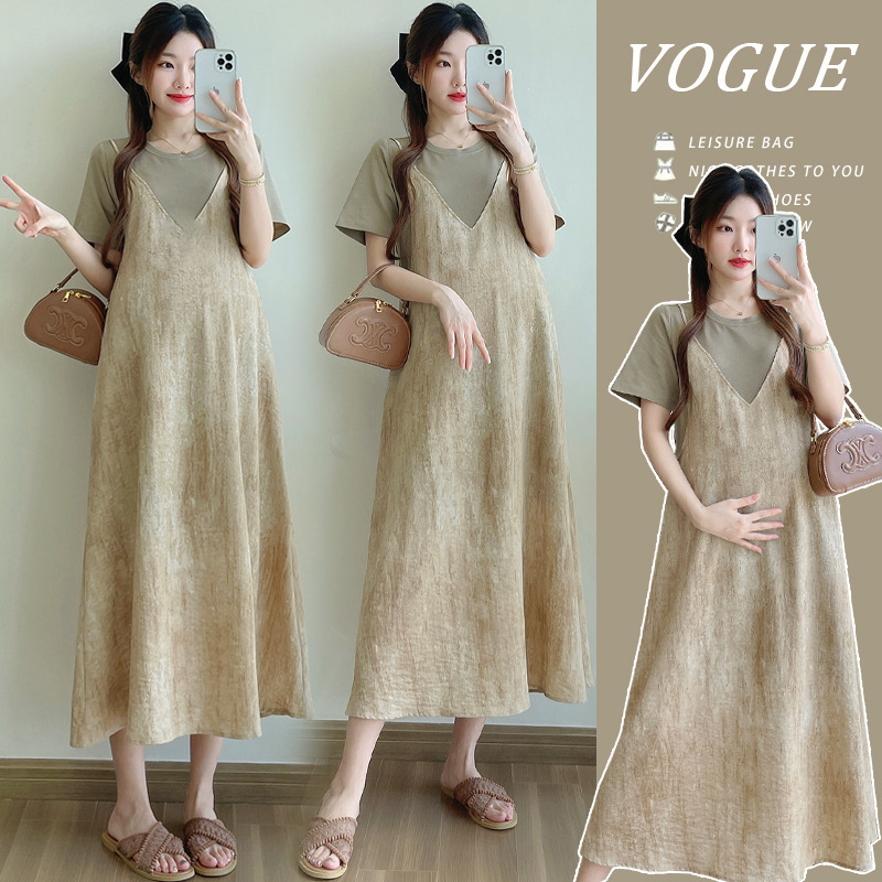 Real Shot of Pregnant Women's 2025 Summer Cotton and Linen Tops Summer Fake Two-Piece Dress Loose Short-Sleeved Plus Size Dress