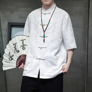 2025 Summer Chinese Style Men's Tang Suit Hanfu Short Sleeve Shirt with Buttons New Chinese Style Shirt National Style Short Sleeve Top