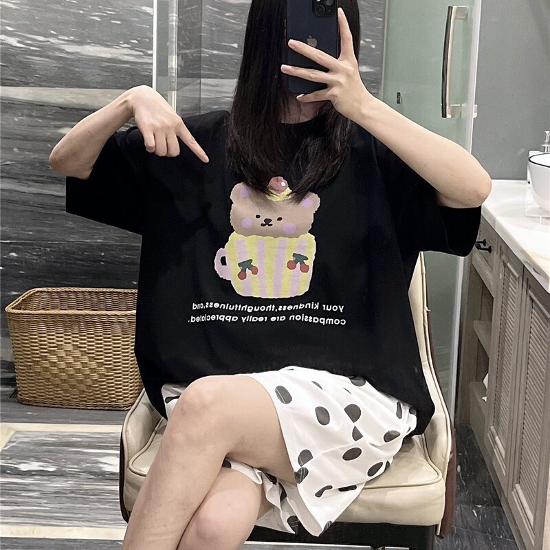Short-Sleeved Pajamas for Women Summer Cute Teacup Bear Print Home Clothes Plus Size Plus Size 100kg Polka Dot Shorts Set