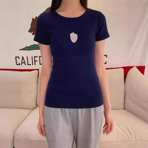 Bm Style American Retro Strawberry Embroidered Short-Sleeved T-Shirt Women's Bm Summer Slimming Look Round Neck Cotton Top