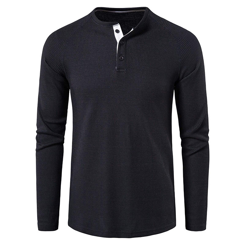 Mode Herren Langarm Henley T-Shirt Sport Casual Pullover Lose Tops Bluse Knopf Einfarbig Männer T-Shirts Unterhemden_voghion.com