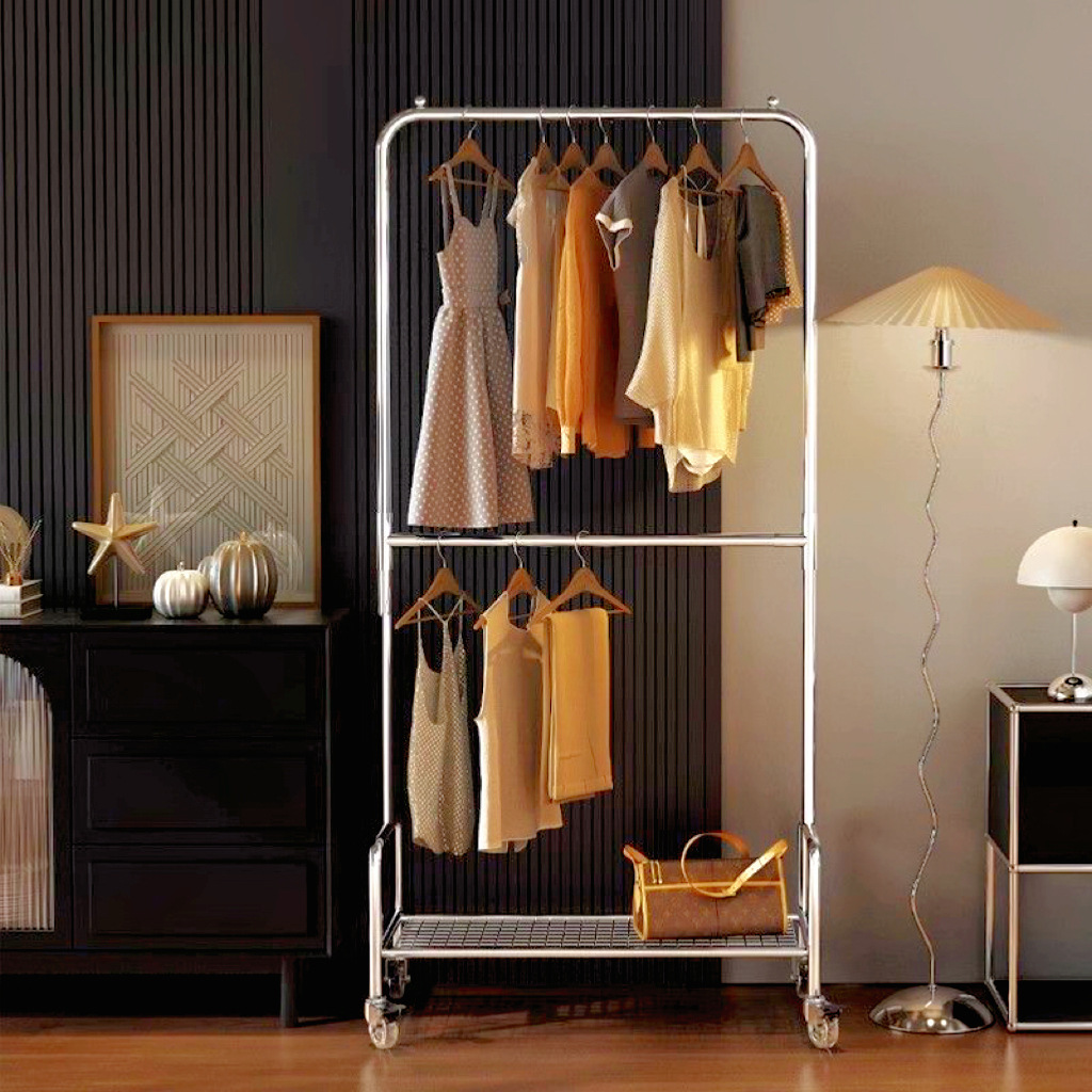 Bright Silver Thickened Upgraded Load-Bearing Double-Layer Floor-Standing Coat Rack Clothes Drying Rod Adjustable Clothing Store Clothes Drying Display Rack