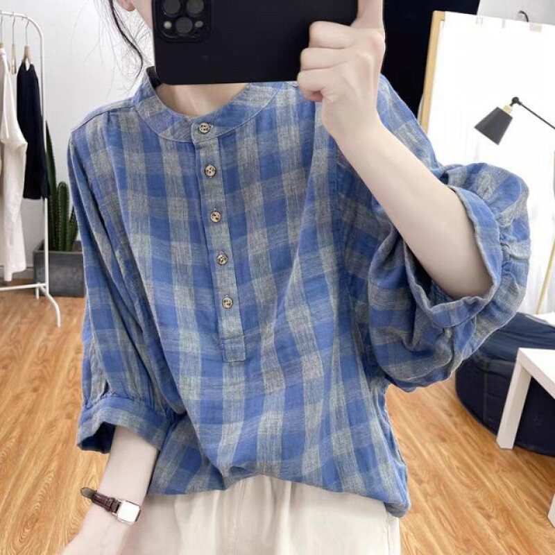Exported to Japan Big Brand Original Single Japanese Style Loose Plaid Shirt Women's Summer Pure Cotton Double-layer Gauze Top