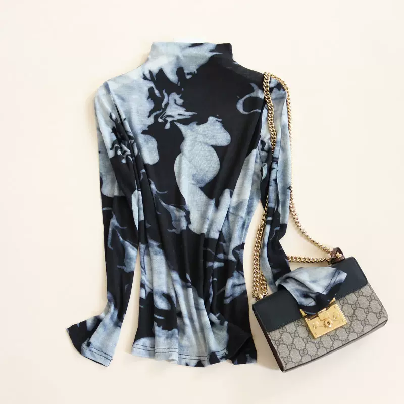 唐格 秋冬羊毛高领印花长袖打底衫女 超细绵羊毛宽松保暖上衣T恤