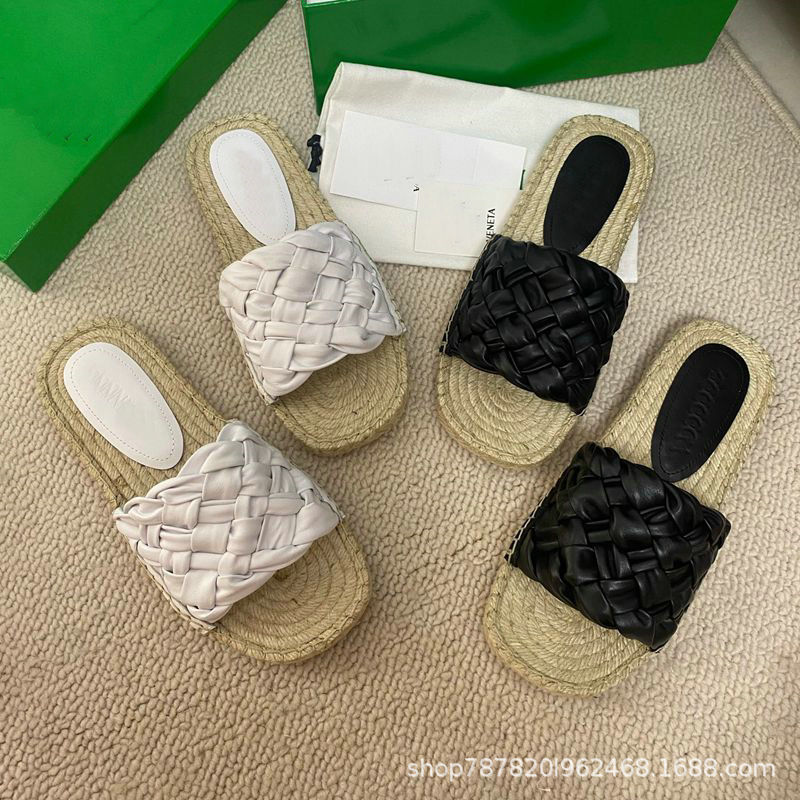 Original Single-Channel Goods! Bv Summer New Style Diamond-Shaped Wide Leather Woven Lazy Slip-On Sandals and Beach Shoes