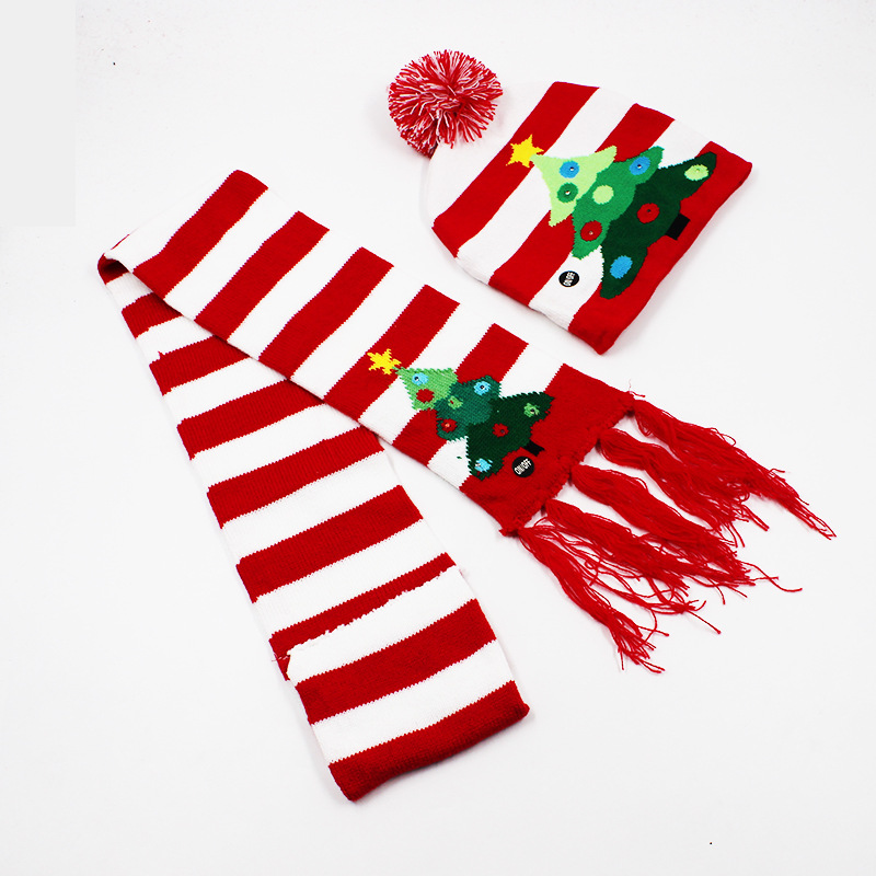 Fabricante transfronterizo de gorros navideños europeos y americanos tejidos en jacquard, gorros navideños de lana con luces LED, gorros navideños con pompón y bufandas. image 65