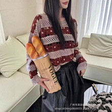 新款韩版时尚百搭圆领长袖镂空钩花针织衫女秋季罩衫宽松显瘦上衣