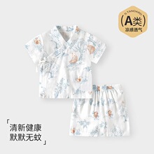 厂家直销婴儿分体套装夏季薄款男女童纱布短袖短裤和尚服夏装薄