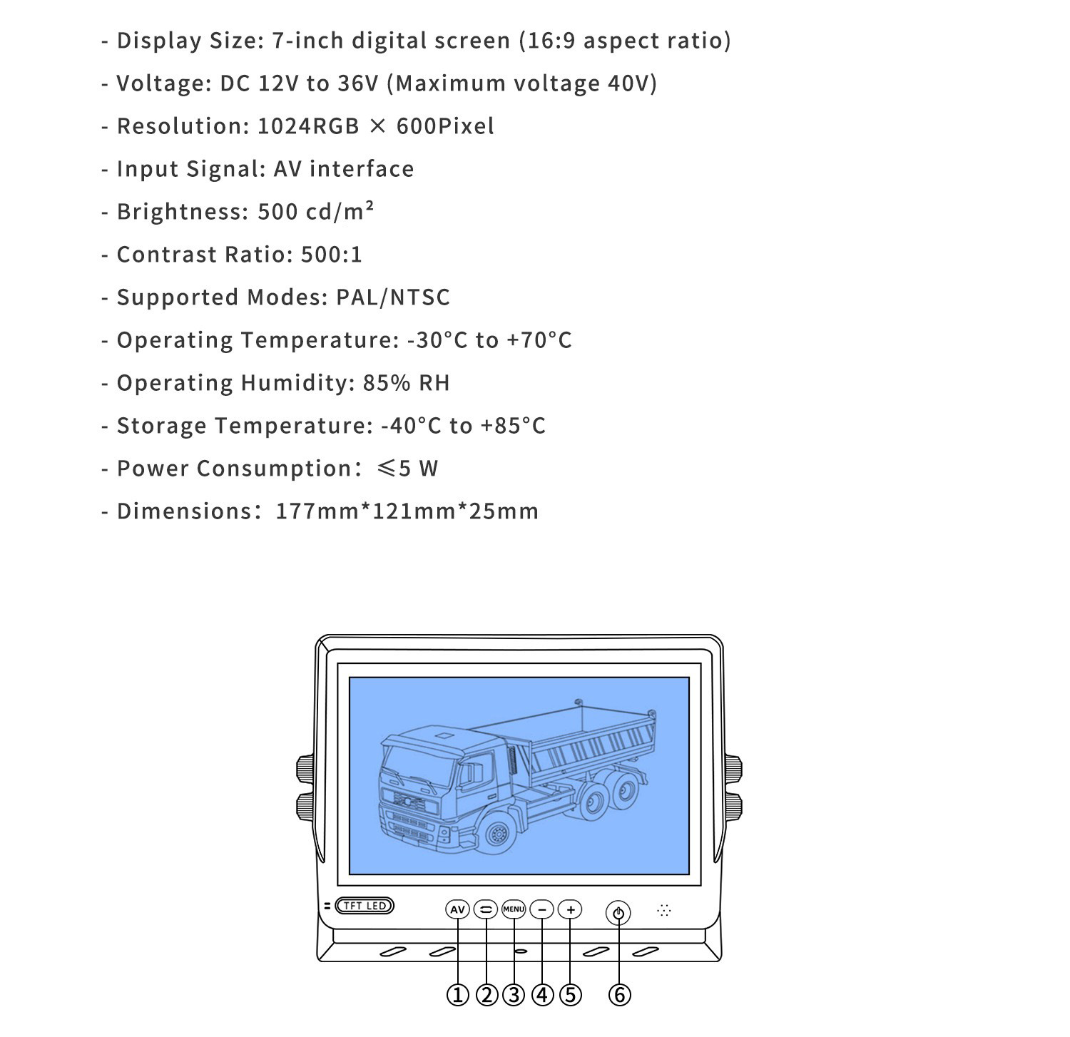 7-inch HD car monitor AV LCD display rear view cart image monitor for passenger cars and trucks
