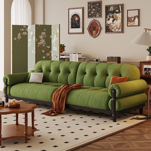 French Mid-Century Style Solid Wood Straight Fabric Sofa for Large and Small Living Rooms, Cloud Villa Retro Oil Wax Leather Sofa