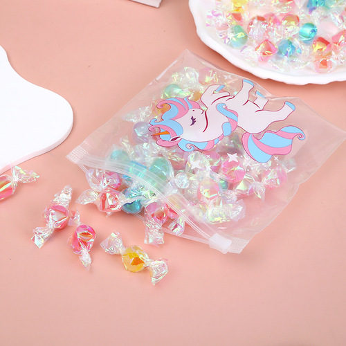 Transparent PE Snack Packaging Bag with Cute Cartoon Rubber Band Decorative Storage Bag for Unicorn Students Zipper Pouch