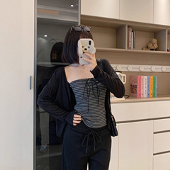 大码早秋甜辣妹复古绑带设计防晒短款小开衫+条纹抹胸套装