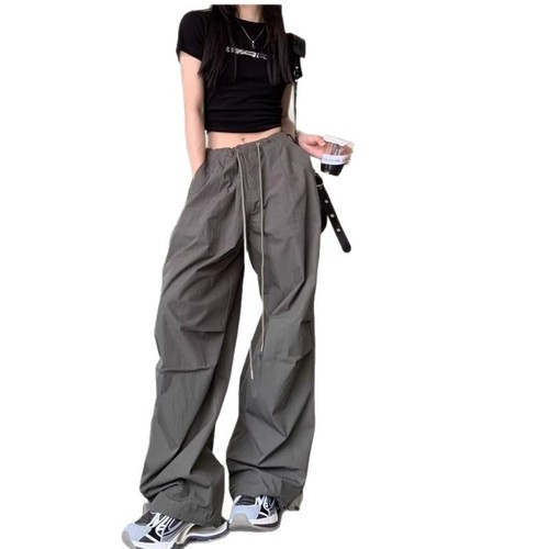 American Retro Work Pants for Women - Summer Quick-Dry High-Waisted Slimming Parachute Pants Loose Tapered Crepe Wide-Leg Floor-Length Pants