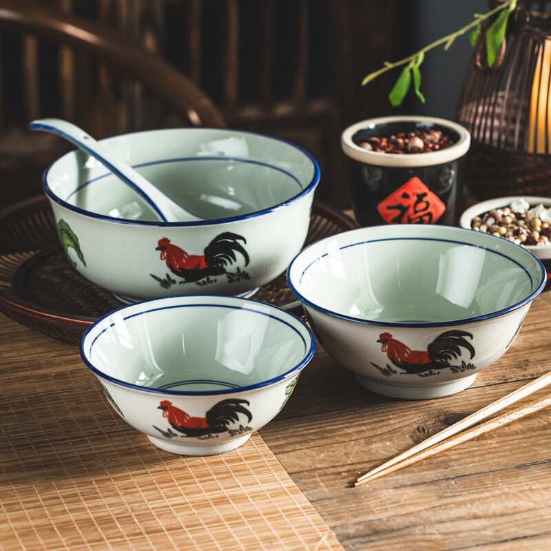 Chicken Bowl Ceramic Counter-mouth Bowl Large Bowl Soup Bowl Vintage Noodle Bowl Household Old-fashioned Nostalgic Cock Bowl Underglaze Color Tableware
