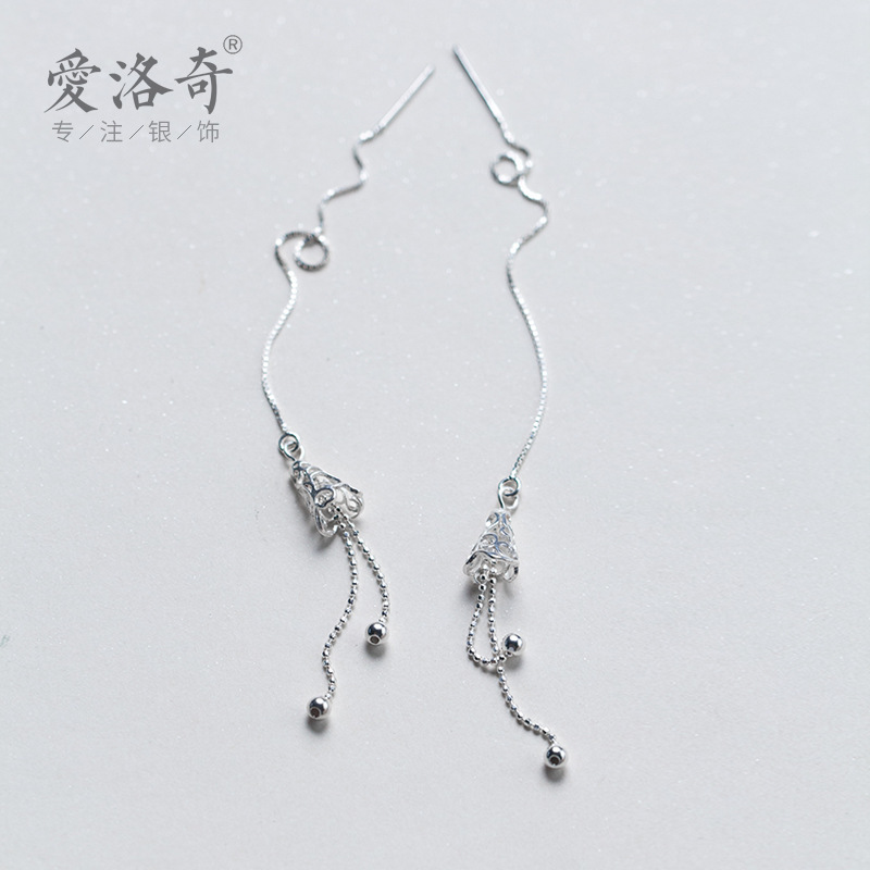 S925 línea de orejas de plata estilo coreano línea de orejas de campana de estilo japonés y coreano línea de orejas de campana hueca de estilo largo pendientes de bordas E5237