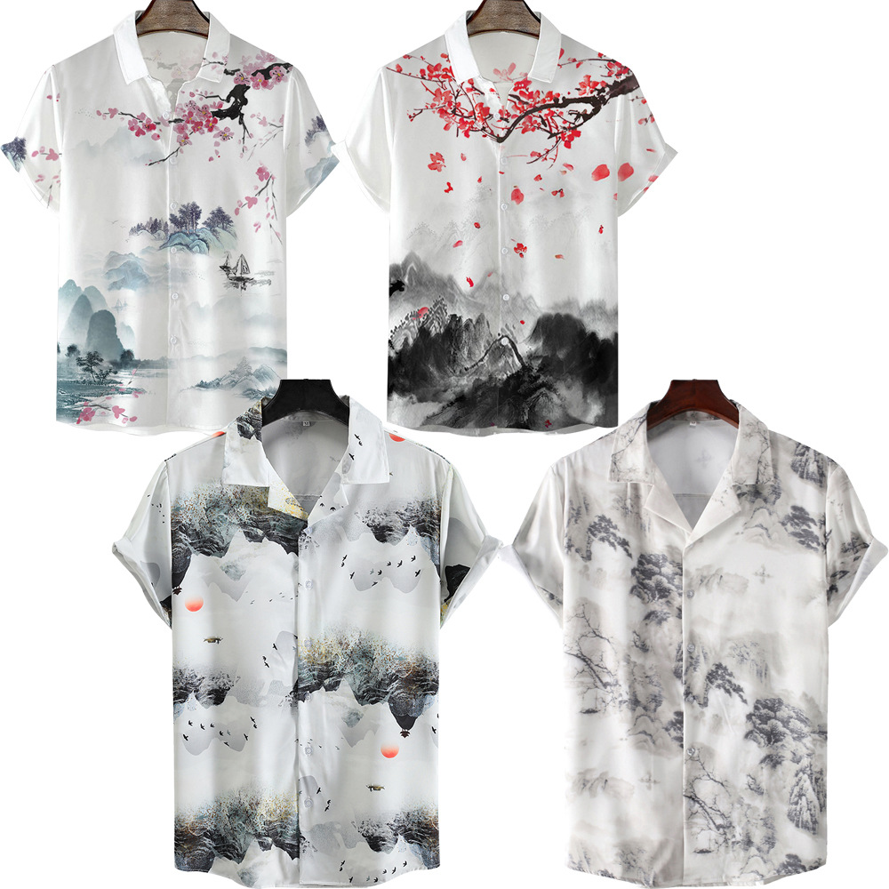 European and American summer new plum blossom men's shirt 3D digital printing Flower Mountain ink painting cardigan short sleeve shirt women Wholesale