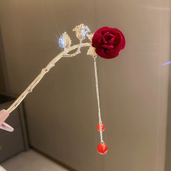 Red Chinese hairpin, flowered