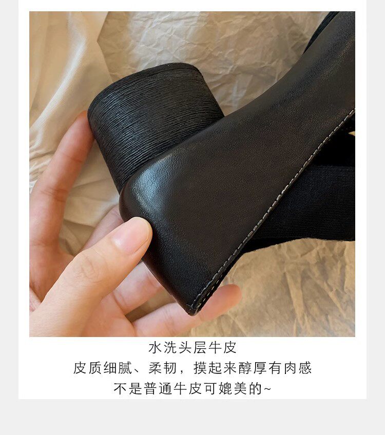 Giày búp bê nữ mũi vuông da cừu phối quai chéo, đế bệt gót thô 5 cm — Da đen (gót dày), Da đen (đáy phẳng), Màu trà sữa (gót dày), Màu trà sữa (đáy phẳng) chi tiết 15