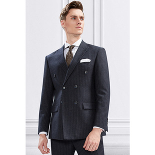 Double Breasted Suit Men's Suit British Grey Stripe Business Casual Suit Men's Dress Slim-fit Groom Wedding Dress