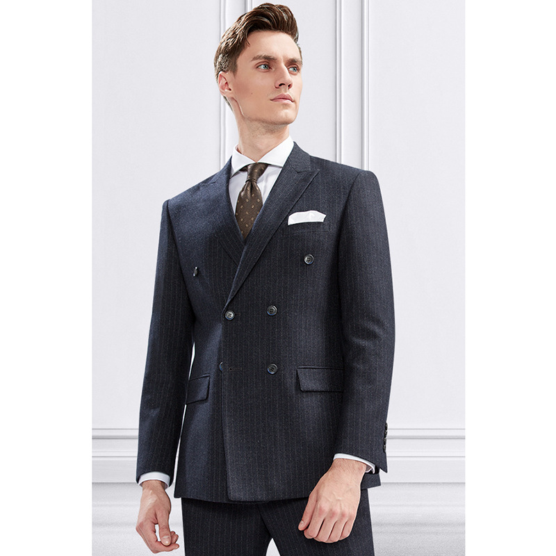 Double-breasted Suit Men's Suit British Gray Stripe Business Casual Suit Men's Formal Fit Groom's Wedding Dress