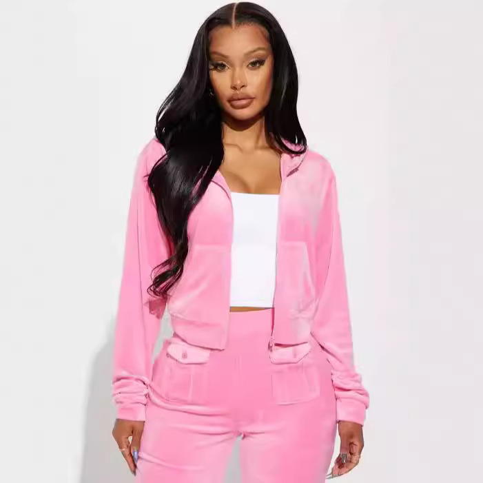Women's Clothing fashion casual velvet trousers suit hooded two piece suit _voghion.com