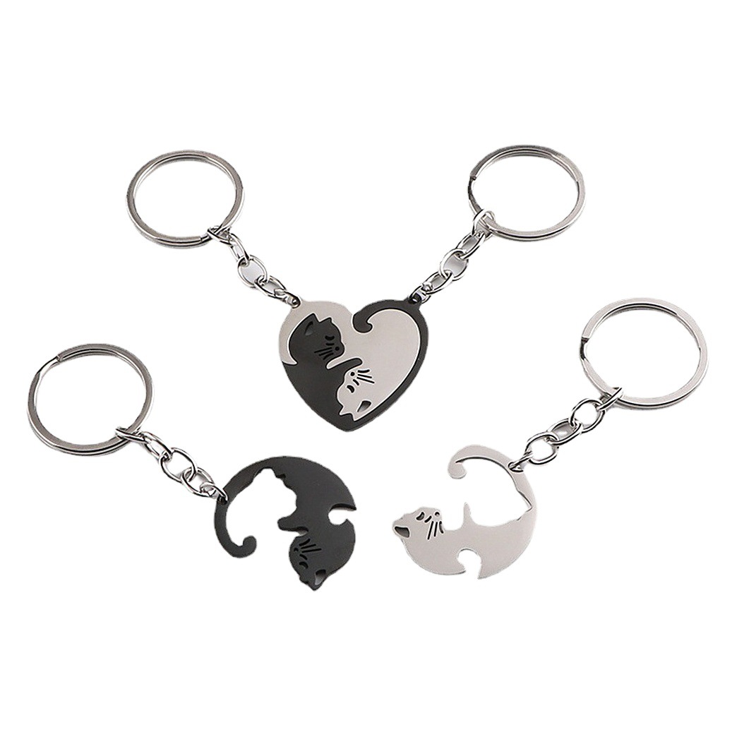 Corazón en forma de costura amor gato llavero colgante pareja llavero colgante joyería Europea y americano llavero de acero inoxidable