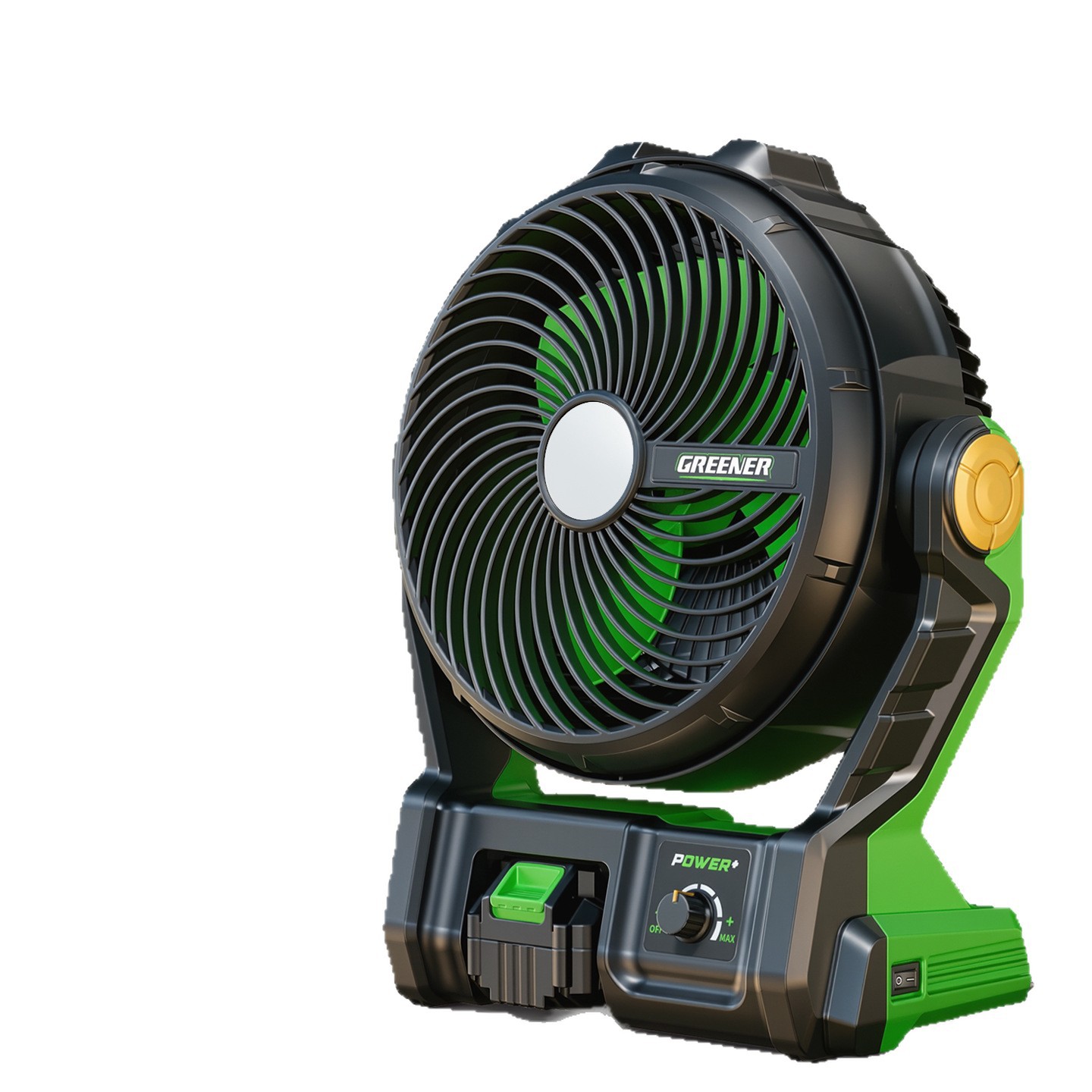 Ventilador de batería de litio al aire libre de iluminación verde para campamento de larga duración ventilador portátil de alta potencia para sitio de pesca