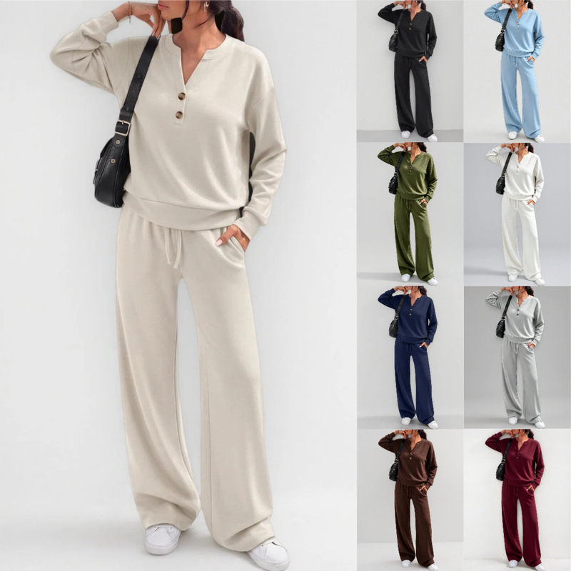 2026 Cross-Border European and American Amazon Casual Fashion Solid Color V-Neck Long Sleeve Top and Wide-Leg Pants Set for Autumn and Winter 2026 Cross-Border European and American Amazon Casual Fashion Solid Color V-Neck Long Sleeve Top and Wide-Leg Pants Set for Autumn and Winter