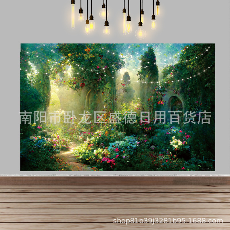 Cross-border fantasy forest wonderland photo background flower mountain path photo banner photography background cloth vinyl