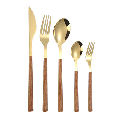 Stainless steel imitation wood grain Korean style handle knife and fork spoon dessert spoon and fork tableware set hotel retro western tableware set