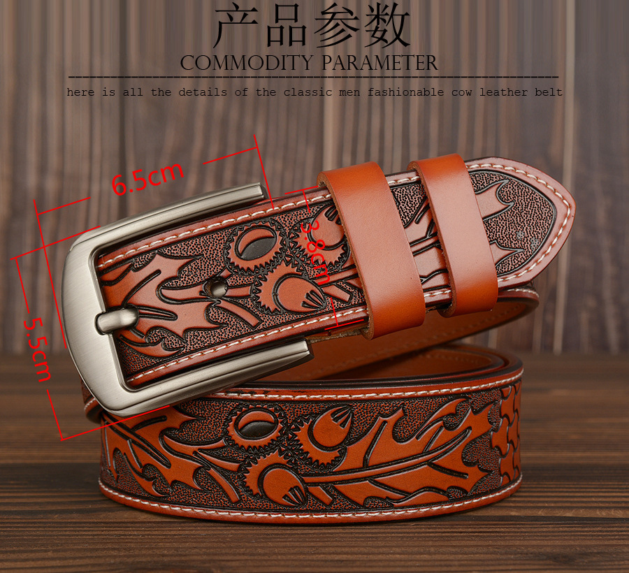 Cintura da uomo in pelle di vacchetta intagliata personalizzata con fibbia ad ago di nuova moda_voghion.com