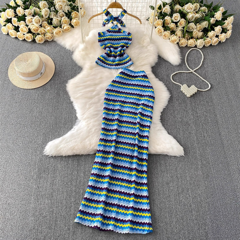 Unique and Chic Water Ripple Knitted Camisole Top with High-Waisted Slim-Fit Look and Long Skirt for Vacation Style Unique and Chic Water Ripple Knitted Camisole Top with High-Waisted Slim-Fit Look and Long Skirt for Vacation Style