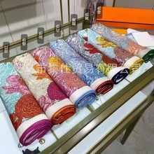 回归自然H家大牌对版对花新款欧美复古丝绸印花方巾仿真丝丝巾